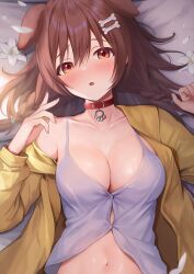 Rule 34 | 1girl, absurdres, animal ears, blush, bone hair ornament, braid, breasts, brown eyes, brown hair, camisole, cleavage, collar, collarbone, commentary request, dog ears, dog girl, extra ears, flower, hair between eyes, hair ornament, hair spread out, hands up, highres, hololive, inugami korone, inugami korone (1st costume), jacket, large breasts, long hair, long sleeves, looking at viewer, low twin braids, lying, navel, on back, open clothes, open jacket, open mouth, parted lips, petals, red collar, single bare shoulder, solo, tataki worker, twin braids, upper body, virtual youtuber, white camisole, white flower, yellow jacket