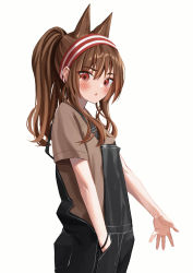 Rule 34 | 1girl, absurdres, angelina (arknights), animal ears, arknights, blush, brown hair, hairband, highres, long hair, looking at viewer, open mouth, overalls, ponytail, red eyes, reesen, shirt, sidelocks, simple background, solo, standing, t-shirt, wristband