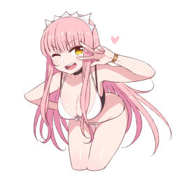 Rule 34 | 1girl, :d, ;d, bent over, bikini, bracelet, breasts, chan co, choker, cleavage, cowboy shot, cropped legs, fate/grand order, fate (series), hand on own hip, highres, jewelry, large breasts, long hair, medb (fate), medb (swimsuit saber) (fate), medb (swimsuit saber) (second ascension) (fate), navel, one eye closed, open mouth, pink hair, sidelocks, simple background, smile, solo, swimsuit, thigh gap, v-shaped eyebrows, w, white background, white bikini, yellow eyes