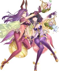 Rule 34 | 2girls, animal ears, black eyes, black hair, blunt bangs, breasts, brown eyes, cage, circlet, cleavage, detached collar, easter egg, egg, fake animal ears, female focus, fire emblem, fire emblem awakening, fire emblem echoes: shadows of valentia, fire emblem gaiden, fire emblem heroes, gloves, high heels, highres, kippu, large breasts, long hair, matching hair/eyes, multiple girls, nintendo, non-web source, official art, outstretched arm, pantyhose, parted lips, purple gloves, purple hair, purple legwear, rabbit, rabbit ears, shirt, smile, sonya (fire emblem gaiden), strapless, strapless shirt, tharja (fire emblem), thighs, transparent background, yellow footwear