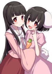 Rule 34 | 2girls, absurdres, animal ears, black hair, blouse, blunt bangs, blush, bob cut, bow, bowtie, bright pupils, carrot necklace, commentary request, dress, finger to cheek, hair between eyes, head tilt, heads together, highres, hime cut, houraisan kaguya, hug, inaba tewi, jewelry, long hair, looking at viewer, multiple girls, necklace, open mouth, pink dress, pink shirt, puffy short sleeves, puffy sleeves, rabbit ears, rabbit tail, red eyes, red skirt, shirt, short sleeves, sidelocks, simple background, skirt, sleeves past fingers, sleeves past wrists, smile, standing, tail, touhou, tsukimirin, upper body, very long hair, white background, white neckwear, white pupils