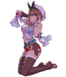 Rule 34 | 1girl, absurdres, atelier (series), atelier ryza, atelier ryza 1, bare shoulders, belt, beret, blue belt, boots, bracelet, breasts, brown belt, brown eyes, brown gloves, brown hair, camisole, cleavage, closed mouth, commentary request, flask, full body, gloves, hair ornament, hairclip, hat, highres, jewelry, kneeling, large breasts, leather belt, long hair, looking at viewer, medium breasts, midriff, necklace, red shorts, reisalin stout, round-bottom flask, short shorts, shorts, simple background, single glove, sleeveless, solo, star (symbol), star necklace, test tube, thigh boots, thighhighs, thighs, toeless footwear, white background, white hat, yamashita shun&#039;ya