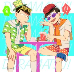 Rule 34 | !, 10s, 2boys, aruto (kkhnt19), bad id, bad twitter id, brothers, burger, cardigan, cup, disposable cup, fang, food, glasses, hat, head rest, male focus, matsuno choromatsu, matsuno osomatsu, mini hat, mini top hat, multiple boys, osomatsu-kun, osomatsu-san, osomatsu (series), patterned clothing, pen, shorts, shutter shades, siblings, sitting, spoken exclamation mark, spoken squiggle, squiggle, sunglasses, table, top hat