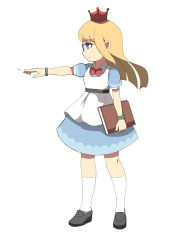 Rule 34 | 1girl, absurdres, apron, bad id, bad pixiv id, black footwear, blonde hair, blue dress, blue eyes, book, bow, bowtie, bracelet, child, closed mouth, collared dress, dress, full body, glasses, highres, holding, holding book, jewelry, kneehighs, loafers, long hair, original, outstretched arm, puffy short sleeves, puffy sleeves, red bow, red bowtie, shoes, short sleeves, simple background, socks, solo, standing, surio, white apron, white background, white socks