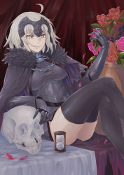 Rule 34 | 1girl, absurdres, ahoge, armor, blonde hair, breasts, bukiya (weaponman), cape, fate/grand order, fate (series), flower, fur-trimmed cape, fur trim, highres, hourglass, jeanne d&#039;arc (fate), jeanne d&#039;arc alter (avenger) (fate), jeanne d&#039;arc alter (avenger) (first ascension) (fate), jeanne d&#039;arc alter (fate), large breasts, petals, short hair, skull, smirk, sneer, solo, thighhighs, thighs, yellow eyes