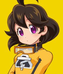 Rule 34 | 1girl, ahoge, animated, animated gif, arms (game), brown hair, goggles, goggles around neck, hizuki (hiduki6121), mechanica (arms), nintendo, open mouth, purple eyes, short hair, smile, solo, upper body, wavy hair, yellow background