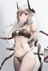 Rule 34 | 1girl, arknights, armlet, artist name, bare shoulders, bikini, black bikini, black ribbon, blush, breasts, cleavage, collarbone, cowboy shot, flower, gradient background, grey background, hair flower, hair ornament, hammer, highres, holding, holding hammer, holding weapon, infection monitor (arknights), jewelry, large breasts, long hair, looking at viewer, masai no senshi, material growth, mudrock (arknights), mudrock (silent night) (arknights), navel, necklace, official alternate costume, oripathy lesion (arknights), parted lips, pointy ears, purple eyes, ribbon, silver hair, solo, stomach, swimsuit, twitter username, underboob, very long hair, weapon, yellow flower