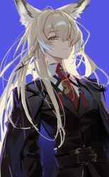 1girl absurdres animal_ears arknights black_cape black_jacket blonde_hair cape closed_mouth collared_shirt facial_scar hair_over_one_eye highres jacket long_hair long_sleeves looking_at_viewer multicolored_hair necktie one_eye_covered purple_background red_necktie ryugisa scar scar_on_cheek scar_on_face shirt solo split_mouth staring streaked_hair unfinished vulpisfoglia_(arknights) white_hair white_shirt yellow_eyes