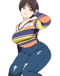 Rule 34 | 1girl, arm up, artist self-insert, blue pants, blush, breasts, brown eyes, brown hair, original, pants, parted lips, shadow, shirt, shirt tucked in, short hair, shulliy baudelair, simple background, smile, solo, striped clothes, striped shirt, torn clothes, torn pants, white background