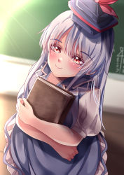 Rule 34 | 1girl, absurdres, blue dress, blue hair, blue hat, blurry, blurry background, book, chalkboard, classroom, closed mouth, dress, hair between eyes, hat, highres, holding, holding book, indoors, kamishirasawa keine, looking at viewer, mahoro (minase mahoro), orange eyes, pinafore dress, puffy short sleeves, puffy sleeves, shirt, short sleeves, sleeveless, sleeveless dress, smile, solo, tokin hat, touhou, white shirt