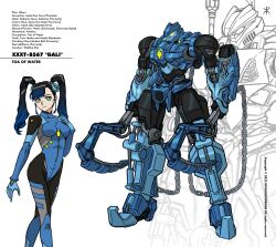 Rule 34 | 1girl, 2022, absurdres, apoloniodraws, artist name, assault visor, bionicle, black bodysuit, blue bodysuit, blue gloves, blue ribbon, bodysuit, breasts, chain, character name, dual wielding, gali (bionicle), gloves, glowing, glowing eye, gradient hair, green eyes, hair behind ear, hair ribbon, hand on own shoulder, head tilt, highres, holding, holding weapon, long hair, looking at viewer, mecha, mechanization, medium breasts, multicolored bodysuit, multicolored clothes, multicolored hair, open hand, original, pilot suit, ribbon, robot, smile, the lego group, twintails, walking, weapon, yellow eyes