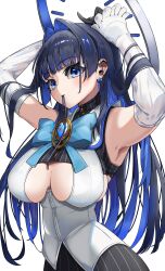 Rule 34 | 1girl, absurdres, alternate hairstyle, blue eyes, blue hair, bow, bow earrings, breasts, chain, chain headband, clothing cutout, earrings, gloves, h4kuuua 0, hair intakes, hair ribbon, halo, heart-shaped gem, highres, hololive, hololive english, jewelry, large breasts, looking at viewer, mouth hold, official alternate hairstyle, ouro kronii, ouro kronii (1st costume), ouro kronii (casual), ribbon, ribbon earrings, ribbon in mouth, short hair, smile, solo, thighhighs, underboob, underboob cutout, undressing, virtual youtuber, white background, white gloves