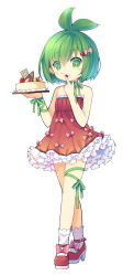 Rule 34 | 1girl, bare shoulders, blueberry, blush, borrowed character, bow, cake, cherry, chocolate, choker, doily, dress, female focus, food, food on face, frills, fruit, full body, green eyes, green hair, hair ornament, hairclip, high heels, leg ribbon, looking at viewer, matching hair/eyes, original, platform footwear, platform heels, pomo (lino), pomo (lino-lin), red dress, ribbon, ribbon choker, saru, short hair, simple background, solo, strapless, strapless dress, strawberry, thigh ribbon, white background, white legwear, wrist ribbon
