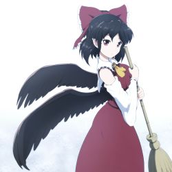 Rule 34 | 1girl, ascot, bamboo broom, bare shoulders, black hair, black wings, bow, broom, collared dress, commentary, cosplay, detached sleeves, dress, frilled bow, frills, hair between eyes, hair bow, hakurei reimu, hakurei reimu (cosplay), highres, holding, holding broom, japanese clothes, long skirt, looking at viewer, miko, pointy ears, red bow, red eyes, red skirt, shameimaru aya, shirosato, short hair, simple background, skirt, solo, touhou, white background, wide sleeves, wings, yellow ascot