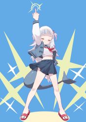 Rule 34 | 1girl, absurdres, arm up, bare legs, blue hair, blue nails, blue sailor collar, blue skirt, blush, chen yang yang, closed eyes, fins, fish tail, full body, gawr gura, grin, highres, hololive, hololive english, jacket, long sleeves, middle finger, midriff, miniskirt, multicolored hair, multicolored nails, nail polish, navel, neckerchief, open clothes, open jacket, pleated skirt, red neckerchief, sailor collar, sandals, shark tail, shirt, silver hair, skirt, sleeveless, sleeveless jacket, smile, solo, standing, streaked hair, tail, toenail polish, toenails, two side up, v, virtual youtuber, white shirt