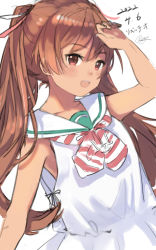 Rule 34 | 1girl, blush, brown hair, dated, dress, highres, kantai collection, libeccio (kancolle), long hair, neckerchief, one-hour drawing challenge, open mouth, red eyes, rom (rommmoon), sailor collar, sailor dress, signature, simple background, sleeveless, sleeveless dress, solo, striped, striped neckerchief, twintails, very long hair, white background, white dress, white sailor collar