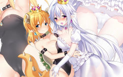 Rule 34 | 2girls, armlet, armpits, ass, asymmetrical docking, bare shoulders, black leotard, blonde hair, blue eyes, blush, bowsette, bracelet, breast press, breasts, cameltoe, cleavage, collar, collarbone, covered navel, craytm, crown, dress, earrings, frilled dress, frilled gloves, frills, gloves, gluteal fold, hair between eyes, horns, jewelry, large breasts, leotard, lips, long hair, looking at viewer, luigi&#039;s mansion, mario (series), multiple girls, new super mario bros. u deluxe, nintendo, open mouth, panties, pointy ears, ponytail, princess king boo, puffy short sleeves, puffy sleeves, purple eyes, see-through, short sleeves, smile, spiked armlet, spiked bracelet, spiked collar, spiked shell, spiked tail, spikes, strapless, strapless leotard, super crown, tail, thighhighs, turtle shell, underwear, white dress, white gloves, white hair, white legwear