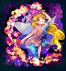 Rule 34 | 1girl, american flag dress, american flag legwear, asymmetrical legwear, blonde hair, clownpiece, gradient background, hat, holding, jester cap, long hair, looking at viewer, mismatched legwear, open mouth, pantyhose, pink eyes, skirt, smile, solo, staff, striped clothes, striped pantyhose, touhou, uranaishi (miraura)
