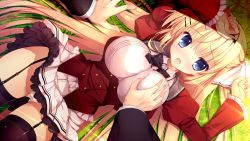 Rule 34 | 1girl, blonde hair, blue eyes, blush, grabbing another&#039;s breast, breasts, eyebrows hidden by hair, from above, game cg, garter straps, grabbing, grass, groin, haruoto alice gram, kuonji kazuha (harugura), large breasts, legs, light rays, long hair, looking at viewer, lying, mitha, open mouth, original, outdoors, pov, pov hands, school uniform, skirt, thighhighs, thighs, zettai ryouiki