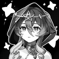 Rule 34 | 1girl, black background, blush, drill hair, drill sidelocks, genshin impact, greyscale, hair between eyes, highres, hood, hood up, layla (genshin impact), looking at viewer, monochrome, naphele yun, outline, parted lips, portrait, screentones, sidelocks, simple background, solo, star (symbol), white outline