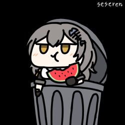 Rule 34 | 1girl, animated, animated gif, artist name, blush, chewing, chinese commentary, commentary request, eating, fish hair ornament, food, fruit, grey hair, hair ornament, honkai: star rail, honkai (series), in trash can, jitome, long hair, looping animation, lowres, seseren, simple background, solo, stelle (honkai: star rail), trailblazer (honkai: star rail), transparent background, trash can, watermelon, yellow eyes