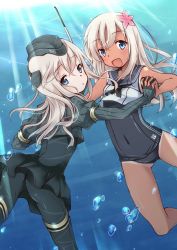 Rule 34 | 10s, 2girls, :d, bare shoulders, black dress, black legwear, blonde hair, blue eyes, covered navel, crop top, cropped jacket, dress, dual persona, flower, garrison cap, gloves, hair flower, hair ornament, holding hands, hat, headgear, kantai collection, long hair, looking at viewer, military, military hat, military uniform, multiple girls, nora-toro, one-piece swimsuit, open mouth, pale skin, pantyhose, puffy sleeves, ro-500 (kancolle), sailor collar, school swimsuit, skin tight, smile, swimsuit, swimsuit under clothes, tan, tanline, u-511 (kancolle), underwater, uniform
