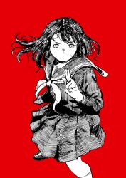 Rule 34 | 1girl, absurdres, closed mouth, commentary request, greyscale with colored background, hand up, hasisisissy, highres, kuji-in, kurosuzu mio, loafers, long hair, looking at viewer, neckerchief, paranormasight: the seven mysteries of honjo, pleated skirt, red background, sailor collar, school uniform, serafuku, shirt, shoes, simple background, skirt, socks, solo, standing, v-shaped eyebrows