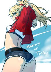 Rule 34 | 1girl, arms behind head, arms up, ass, back, bandeau, blonde hair, blue background, blue shorts, breasts, cutoffs, denim, denim shorts, fate/apocrypha, fate (series), green eyes, grin, highres, jacket, long hair, long sleeves, looking at viewer, mordred (fate), mordred (fate/apocrypha), mordred (memories at trifas) (fate), open clothes, open jacket, ponytail, red jacket, rico (maikubakaa), scrunchie, short shorts, shorts, sidelocks, small breasts, smile, solo, stretching, thighs, two-tone background, white background