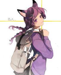 Rule 34 | 1girl, :3, animal ears, backpack, bag, blush, braid, cat hair ornament, dated, eden (eden871225), fox ears, fox girl, from side, hair ornament, hairclip, hands up, highres, holding strap, long sleeves, looking at viewer, original, parted bangs, pleated skirt, purple eyes, purple hair, school uniform, signature, skirt, slit pupils, smile, solo, twin braids, umbrella