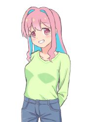 Rule 34 | 1girl, arms behind head, blue hair, blue pants, breasts, collarbone, colored inner hair, commentary, cowboy shot, dot nose, green shirt, grin, hair between eyes, hair down, hair intakes, highres, hozuki kaede, k-d, light blush, long hair, long sleeves, looking at viewer, medium breasts, multicolored hair, onii-chan wa oshimai!, pants, pink eyes, pink hair, shirt, sidelocks, simple background, smile, solo, two-tone hair, white background