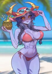 Rule 34 | 1girl, arms up, artist name, beach, bikini, braid, breasts, closed mouth, colored skin, dragon girl, fake horns, fang, female focus, food, fruit, hat, highres, holding, holding clothes, holding food, holding fruit, holding hat, horned headwear, horns, juice, large breasts, league of legends, legs together, lips, long hair, looking at viewer, multicolored horns, muscular, muscular female, ocean, outdoors, pineapple, purple hair, purple nails, purple skin, red bikini, red hat, red horns, scales, shyvana, slit pupils, solo, standing, strongbana, sunglasses, sunglasses on head, swimsuit, thick thighs, thighs, twin braids, two-tone headwear, two-tone horns, water, wide hips, yellow eyes, yellow hat, yellow horns