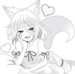 Rule 34 | 1girl, :d, animal ears, commentary request, fang, fox ears, fox girl, fox tail, greyscale, hair between eyes, hand on own face, heart, highres, kitsune, kudamaki tsukasa, looking at viewer, monochrome, oni tama, open mouth, romper, short hair, simple background, skin fang, smile, solo, tail, touhou