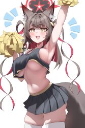 Rule 34 | 1girl, :3, absurdres, animal ear fluff, animal ears, armpits, arms up, bare shoulders, bell, black shirt, black skirt, blue archive, blush, breasts, brown hair, cheerleader, cleavage, colored inner hair, cowbell, crop top, drill hair, emil (386), fox ears, fox girl, fox tail, gold trim, halo, highres, holding, holding pom poms, large breasts, long hair, loose clothes, loose shirt, midriff, miniskirt, multicolored hair, navel, no bra, open mouth, pleated skirt, pom pom (cheerleading), pom poms, red hair, shirt, sideboob, simple background, skirt, smile, solo, tail, thighhighs, two side up, underboob, undersized clothes, wakamo (blue archive), white background, white thighhighs, yellow eyes, zettai ryouiki