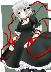 Rule 34 | 1girl, ahoge, arm ribbon, arms at sides, black choker, black dress, border, bow, breasts, choker, commentary, cowboy shot, criss-cross halter, cross hair ornament, dress, expressionless, eyes visible through hair, frilled dress, frilled sleeves, frills, green background, grey hair, hair between eyes, hair ornament, halterneck, highres, kagari (rewrite), long ribbon, looking at viewer, parted lips, puffy short sleeves, puffy sleeves, purple eyes, red bow, red ribbon, rewrite, ribbon, short hair, short sleeves, simple background, small breasts, solo, standing, tareme, white border, wrist bow, zenoo