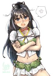 Rule 34 | 1girl, anger vein, black hair, blue eyes, commentary request, cowboy shot, crossed arms, groin, hair ribbon, highres, kantai collection, katsuragi (kancolle), ld (luna dial398), long hair, looking at viewer, midriff, muneate, navel, one-hour drawing challenge, pleated skirt, ponytail, ribbon, shirt, simple background, skirt, solo, spoken anger vein, white background, white ribbon, white shirt, white skirt