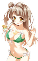 Rule 34 | 10s, 1girl, :d, absurdres, bad id, bad pixiv id, between breasts, bikini, blush, breasts, brown hair, cleavage, food, food between breasts, food on body, food on breasts, from above, front-tie top, green bikini, hair ornament, hairclip, heirou, highres, ice cream, ice cream cone, long hair, love live!, love live! school idol project, medium breasts, minami kotori, navel, one side up, open mouth, side ponytail, simple background, smile, solo, string bikini, sweatdrop, swimsuit, white background, yellow eyes