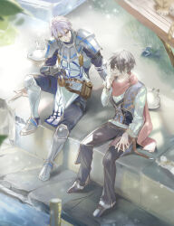 2boys adol_christin armor belt black_hair black_pants cat credo_aiblinger cup gauntlets grass greaves holding holding_cup looking_at_another male_focus multiple_boys official_alternate_hair_color outdoors pants pauldrons pouch purple_hair red_scarf scarf short_hair shoulder_armor sitting smile tatsumikkk watermark ys ys_ix_monstrum_nox