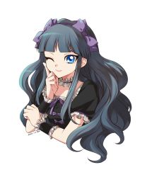 Rule 34 | 1girl, 2020, ;), alice (yu-gi-oh!), black hair, black shirt, blue eyes, bow, choker, closed mouth, cropped torso, curly hair, dated, frilled sleeves, frills, hair bow, hairband, long hair, mini (pixiv6327751), one eye closed, purple bow, purple hairband, shirt, short sleeves, simple background, smile, solo, very long hair, white background, white choker, yu-gi-oh!, yu-gi-oh! gx