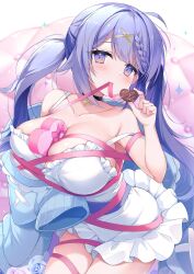 Rule 34 | 1girl, ahoge, amakarashi, between breasts, black choker, blue cardigan, box, braid, breasts, candy, cardigan, chocolate, chocolate heart, choker, cleavage, collarbone, dress, flower, food, frilled dress, frills, hair ornament, heart, heart-shaped box, highres, holding, holding chocolate, holding food, indie virtual youtuber, large breasts, mole, mole under eye, mouth hold, pink ribbon, purple eyes, purple flower, purple hair, purple rose, ribbon, ribbon in mouth, rose, second-party source, solo, sparkle, strap slip, twintails, white dress, x hair ornament, yunico (vtuber)