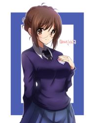 Rule 34 | 1girl, arm behind back, bad id, bad twitter id, black necktie, blue border, blue skirt, blue sweater, border, braid, brown eyes, brown hair, closed mouth, commentary request, crown braid, dress shirt, emblem, girls und panzer, glasses, hand on own chest, long sleeves, looking at viewer, nanjou satoshi, necktie, nilgiri (girls und panzer), one-hour drawing challenge, outline, pleated skirt, round eyewear, school uniform, shirt, short hair, skirt, smile, solo, st. gloriana&#039;s (emblem), st. gloriana&#039;s school uniform, sweater, swept bangs, twitter username, v-neck, white outline, white shirt, wing collar