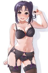 Rule 34 | 1girl, aged up, black bra, black panties, black thighhighs, bra, breasts, cleavage, contrapposto, cowboy shot, garter belt, garter straps, highres, holding, holding own hair, igarashi kyouhei, kazuno sarah, lace, lace bra, looking at viewer, love live!, love live! sunshine!!, medium breasts, panties, purple eyes, purple hair, shadow, side ponytail, simple background, solo, standing, thighhighs, underwear, underwear only, white background