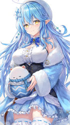 Rule 34 | 1girl, ahoge, bare shoulders, beret, blue bow, blue bowtie, blue coat, blue hair, blue nails, blue skirt, blush, bow, bowtie, braid, breasts, center frills, cleavage, cleavage cutout, closed mouth, clothing cutout, coat, corset, elf, fingernails, flower, frilled skirt, frills, fur-trimmed coat, fur-trimmed sleeves, fur trim, guchico, hair flower, hair ornament, half updo, hat, highres, holding, hololive, large breasts, long fingernails, long hair, long sleeves, looking at viewer, miniskirt, nail polish, open clothes, open coat, pointy ears, print coat, print skirt, ribbon-trimmed legwear, ribbon trim, shirt, simple background, skirt, smile, snowflake print, solo, star (symbol), thighhighs, very long hair, virtual youtuber, white background, white flower, white hat, white shirt, white thighhighs, yellow eyes, yukihana lamy, zettai ryouiki