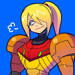 Rule 34 | 1girl, armor, blonde hair, blue background, blue eyes, closed mouth, commentary, denaseey, english commentary, eyeshadow, hair over one eye, half-closed eyes, high ponytail, long hair, makeup, metroid, mole, mole under mouth, neon trim, nintendo, no headwear, one eye covered, ponytail, purple eyeshadow, samus aran, sidelocks, simple background, smile, smirk, solo, upper body, varia suit