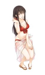 Rule 34 | 1girl, :d, akagi (kancolle), asakawa shinka, bad id, bad pixiv id, bikini, black hair, breasts, cleavage, collarbone, from above, full body, hair between eyes, hair ornament, hair scrunchie, hand on lap, highres, invisible chair, kantai collection, large breasts, long hair, looking at viewer, open mouth, red bikini, red scrunchie, sandals, sarong, scrunchie, sitting, smile, solo, swimsuit, transparent, transparent background, yellow eyes
