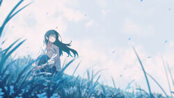 Rule 34 | 1girl, absurdres, ahoge, black hair, blue eyes, blue sky, blurry, blurry foreground, closed mouth, cloud, collarbone, collared shirt, crossed bangs, day, field, grass, highres, knees up, light particles, long hair, long sleeves, looking afar, looking up, official art, oka kojiro, original, outdoors, own hands together, scenery, shirt, sidelocks, sitting, sky, smile, solo, white shirt