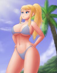 Rule 34 | 1girl, abs, ass, beach, belly, bikini, blonde hair, blue eyes, breasts, cleavage, cloud, day, female focus, hand on own hip, highres, huge ass, huge breasts, large breasts, looking at another, metroid, midriff, navel, nintendo, palm tree, ponytail, saf-404, samus aran, sidelocks, solo, swimsuit, thick thighs, thighhighs, thighs, tree, underboob, bad tag, wide hips