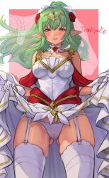 Rule 34 | bare shoulders, breasts, bridal lingerie, bridal veil, bride, cameltoe, cleft of venus, clothes lift, commentary, commission, dress, dress lift, english text, fire emblem, fire emblem awakening, fire emblem heroes, flower, garter straps, gluteal fold, green eyes, green hair, groin, hair ornament, highres, lifting own clothes, lingerie, long hair, looking at viewer, medium breasts, nintendo, official alternate costume, open mouth, panties, pointy ears, ponytail, r123, rose, see-through, skeb commission, smile, tiara, tiki (adult) (bridal) (fire emblem), tiki (adult) (fire emblem), tiki (fire emblem), underwear, veil, wedding dress, white dress, white panties
