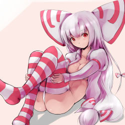 Rule 34 | 1girl, adapted costume, ass, bad id, bad pixiv id, blush, bow, breasts, cleavage, collarbone, dutch angle, expressionless, female focus, fujiwara no mokou, hair bow, hugging own legs, large bow, legs, legs up, long hair, looking at viewer, lying, no bra, no pants, on back, open clothes, open shirt, panties, pantyshot, puffy sleeves, red eyes, shiny skin, shirt, solo, straight hair, striped clothes, striped thighhighs, thighhighs, tone g, touhou, underwear, very long hair, white hair, white panties