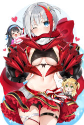 Rule 34 | &gt; &lt;, 3girls, :d, admiral graf spee (azur lane), admiral graf spee (world&#039;s cutest) (azur lane), admiral hipper (azur lane), admiral hipper (muse) (azur lane), ahoge, azur lane, bare shoulders, bike shorts, blonde hair, blue eyes, breasts, claws, commentary request, covered mouth, cowboy shot, deutschland (azur lane), green eyes, grey hair, hair ornament, headband, heart, heart hands, highres, holding, leg belt, long hair, looking at viewer, md5 mismatch, medium breasts, miniskirt, multicolored hair, multiple girls, navel, off shoulder, one eye closed, open mouth, red hair, red skirt, resolution mismatch, scarf, short hair, shorts, shorts under skirt, sidelocks, sign, sino (sionori), skirt, smile, source larger, stomach, streaked hair, sweat, two side up, underboob, white background, xd
