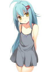 Rule 34 | 1girl, antenna hair, arms behind back, bare shoulders, blue hair, blue ribbon, collarbone, commentary request, cowboy shot, dress, facial scar, flat chest, fortissimo, grey dress, hair between eyes, hair ornament, head tilt, legs together, long hair, looking at viewer, mahcdai, musical note, musical note hair ornament, original, parted lips, planol note, quaver, ribbon, scar, scar on cheek, scar on face, short dress, simple background, sleeveless, sleeveless dress, solo, spaghetti strap, standing, white background, yellow eyes